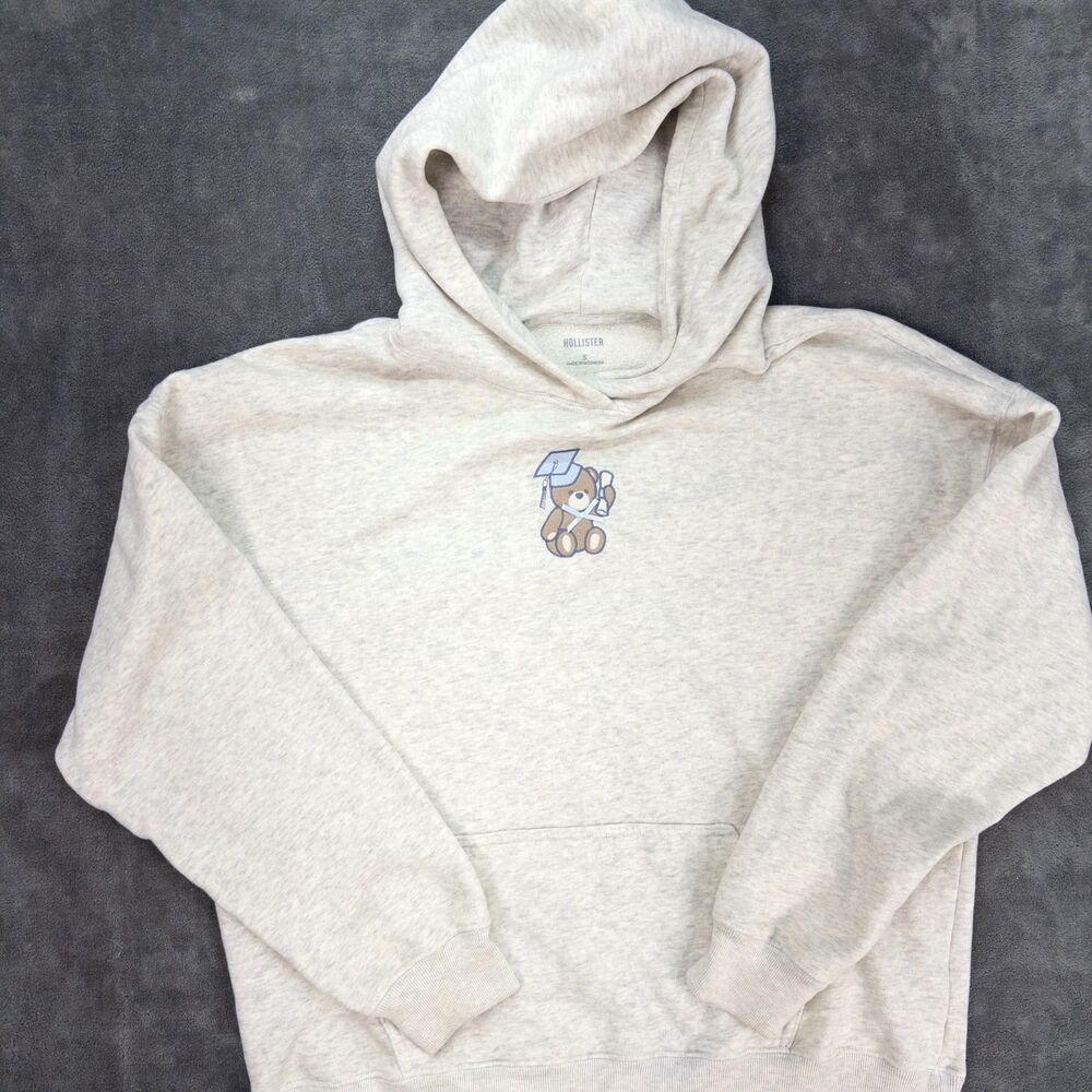 Hollister Graduation Bear Hoodie Women's Small Gray Graphic Pullover *FLAW*